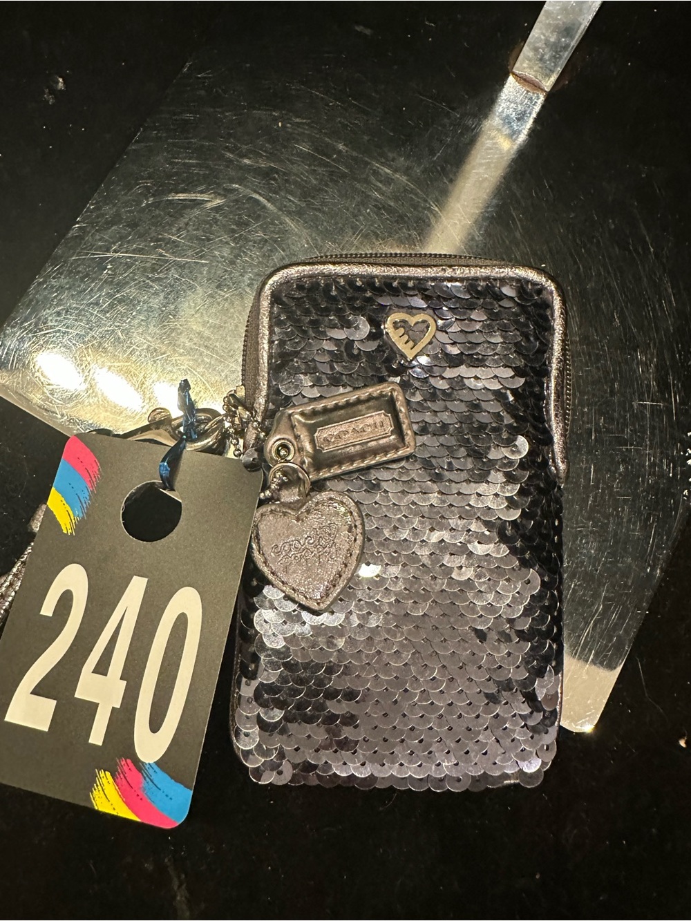 Coach .# 240 Poppy Sequin Universal sequin Heart Wristlet